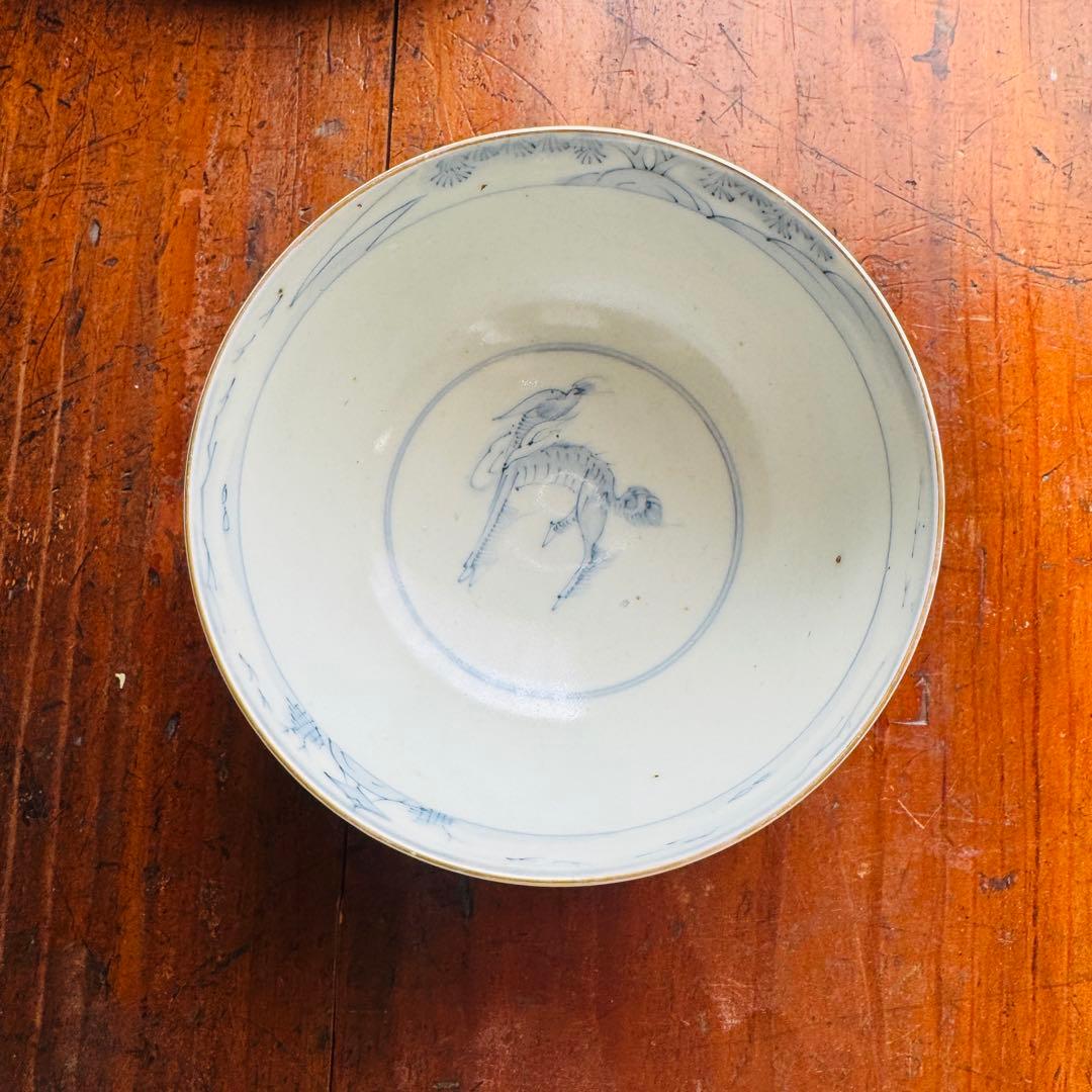 骨董皿　古伊万里　金彩色　絵蓋付ご飯茶碗2客　麒麟　江戸期　軍配文