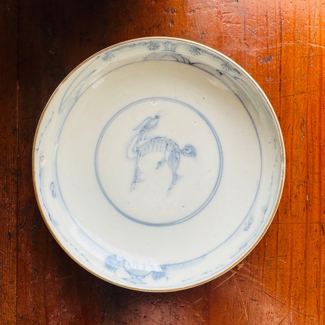 骨董皿　古伊万里　金彩色　絵蓋付ご飯茶碗2客　麒麟　江戸期　軍配文