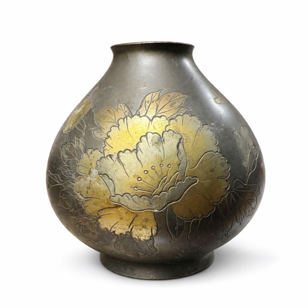 金彩 花柄 花瓶 一輪挿し 金属製 アンティーク調 フラワーベース レトロ