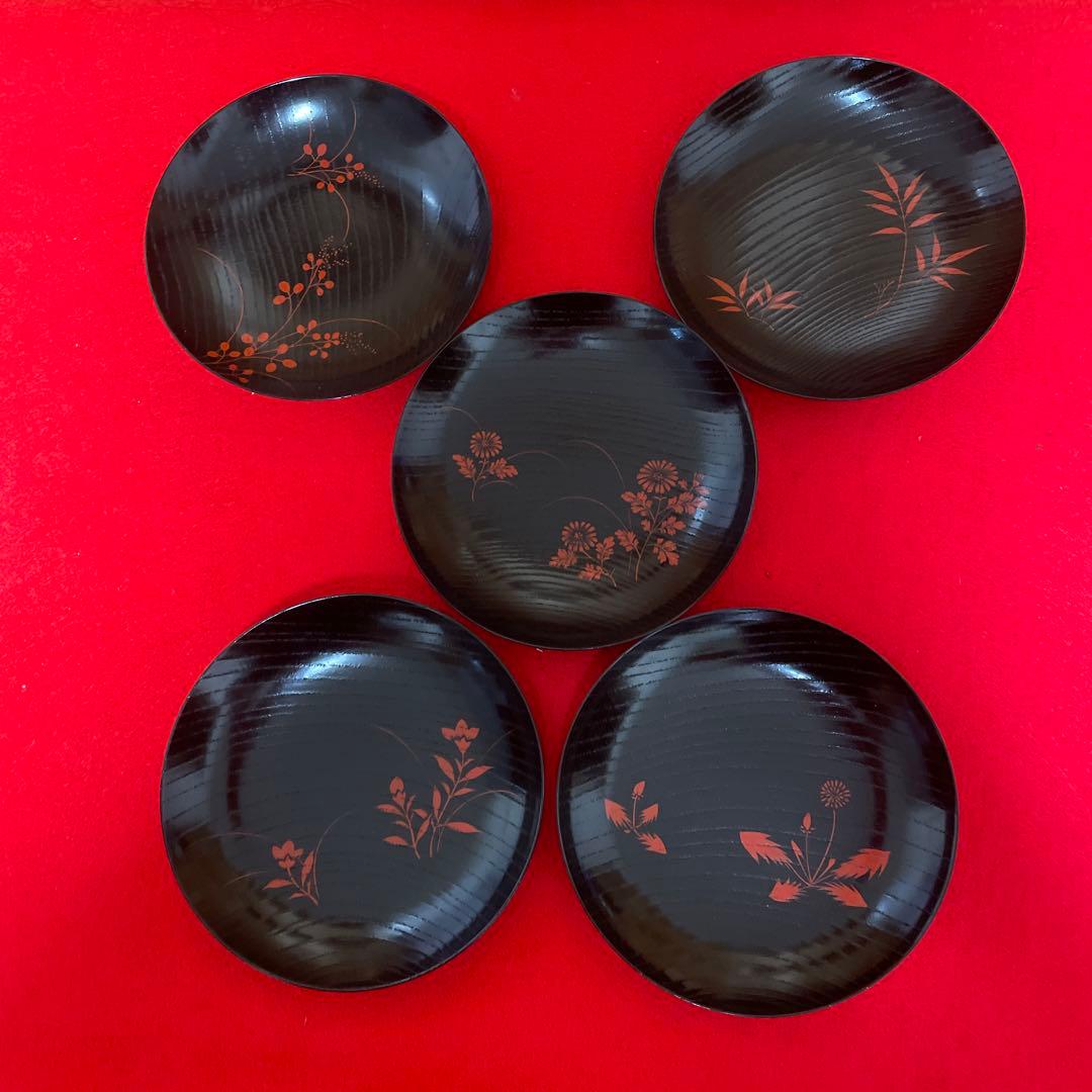 ♦︎【美品❤️銘々皿】 高級漆器　草花絵　供箱　5客 ♦︎
