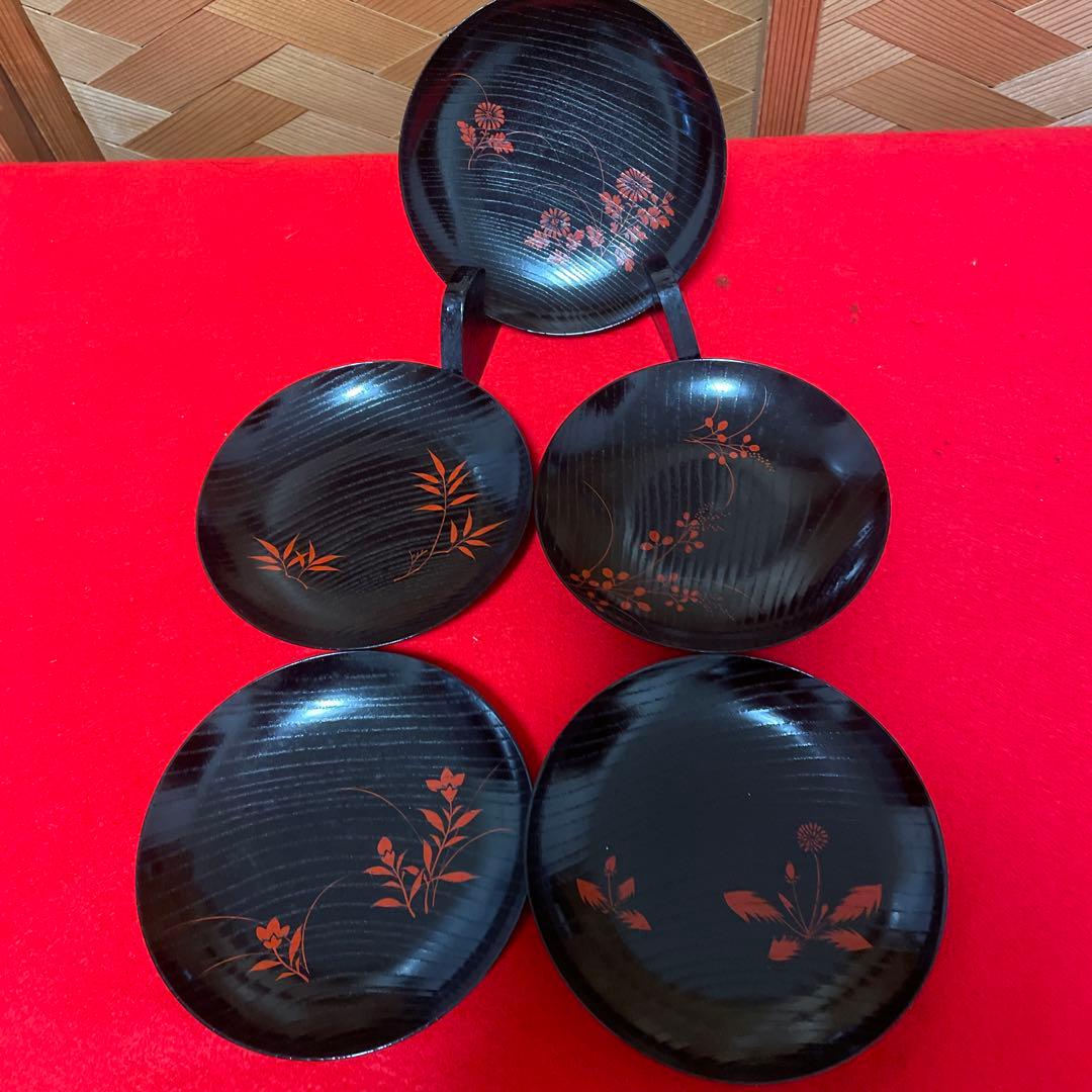 ♦︎【美品❤️銘々皿】 高級漆器　草花絵　供箱　5客 ♦︎