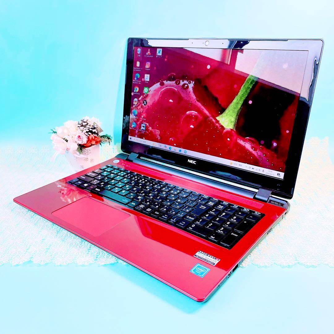 たっぷり大容量1TB✨️薄型ノートパソコン✨️おしゃれ赤❣️カメラ付きテンキー事務作業