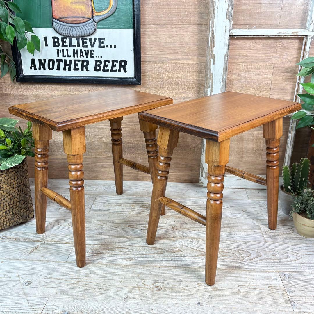 北欧カントリー調パイン材無垢角スツール2脚セット木製椅子花台チェア天然木松材