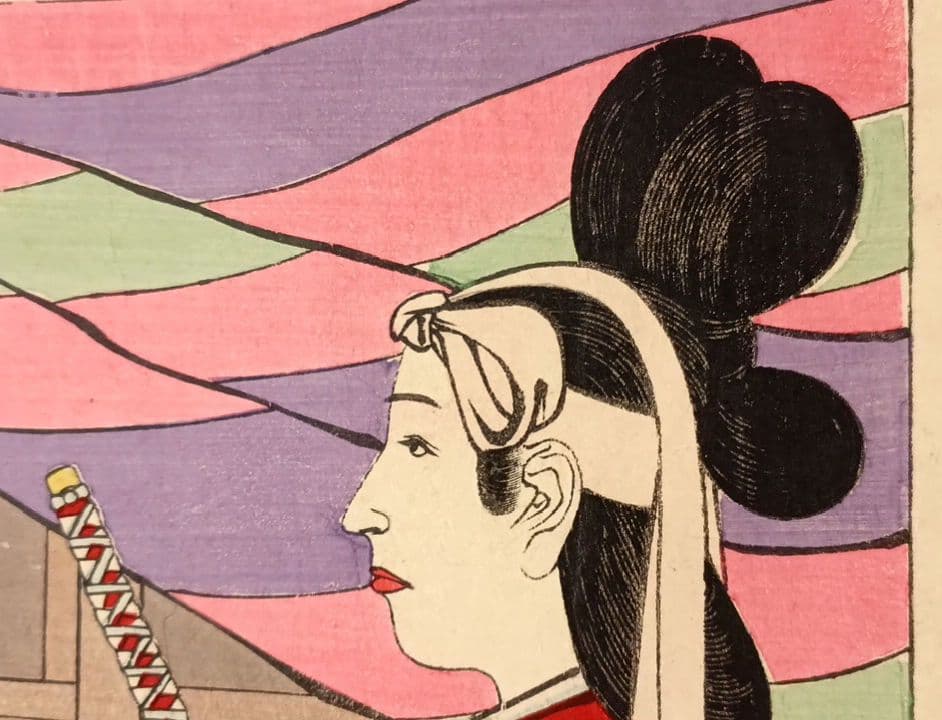 浮世絵版画、教導介志基34（阿国、越前小将)小林清親画、明治35年後摺出版