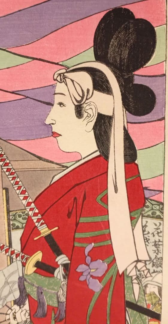 浮世絵版画、教導介志基34（阿国、越前小将)小林清親画、明治35年後摺出版