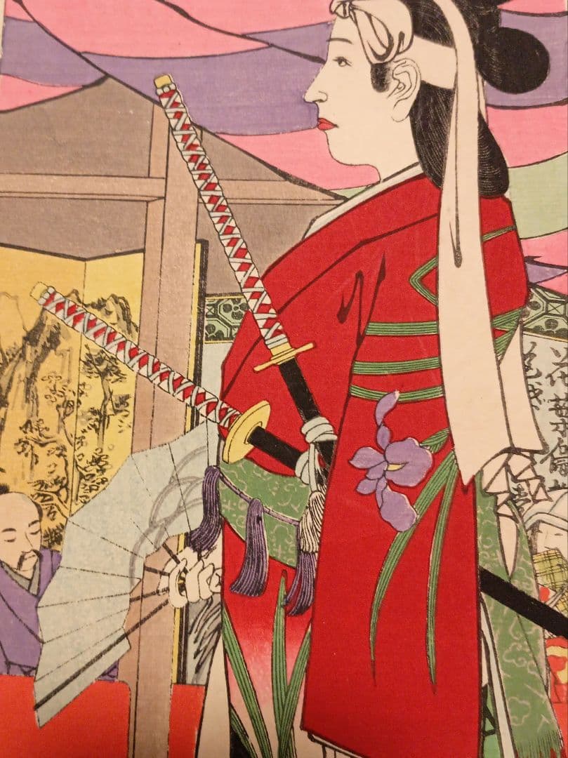 浮世絵版画、教導介志基34（阿国、越前小将)小林清親画、明治35年後摺出版