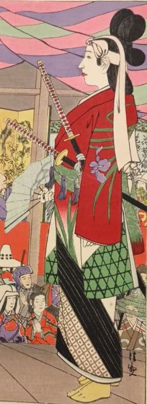 浮世絵版画、教導介志基34（阿国、越前小将)小林清親画、明治35年後摺出版
