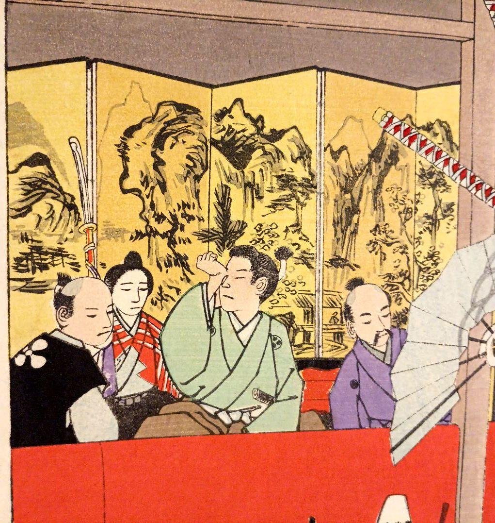浮世絵版画、教導介志基34（阿国、越前小将)小林清親画、明治35年後摺出版
