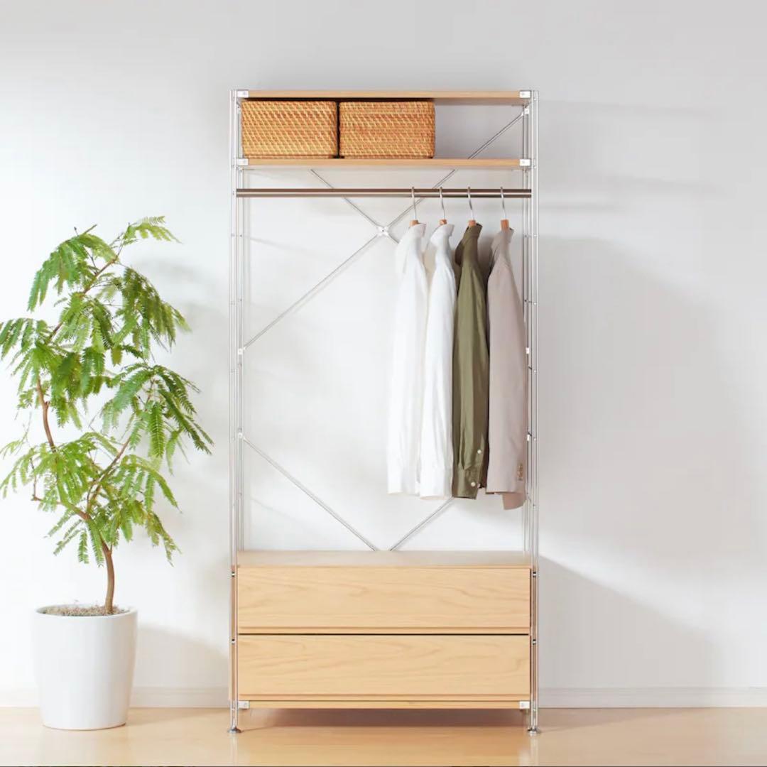 ホシ★無印ステンレスユニットシェルフ・オーク材・ワードローブ・バスケット付