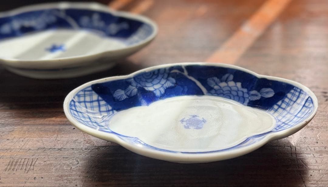 骨董皿　伊万里　染付草花格子文　変形皿4枚　木瓜型　明治期　おまとめ