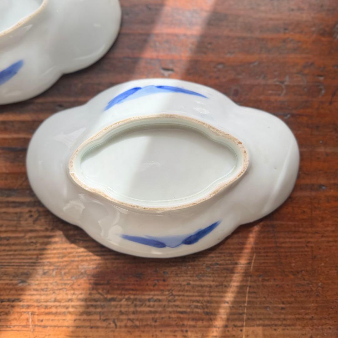 骨董皿　伊万里　染付草花格子文　変形皿4枚　木瓜型　明治期　おまとめ