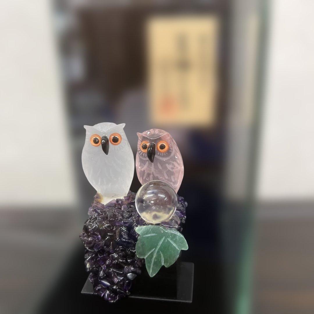 福フクロウ　水晶　紅水晶　アメジスト　河野章玉作