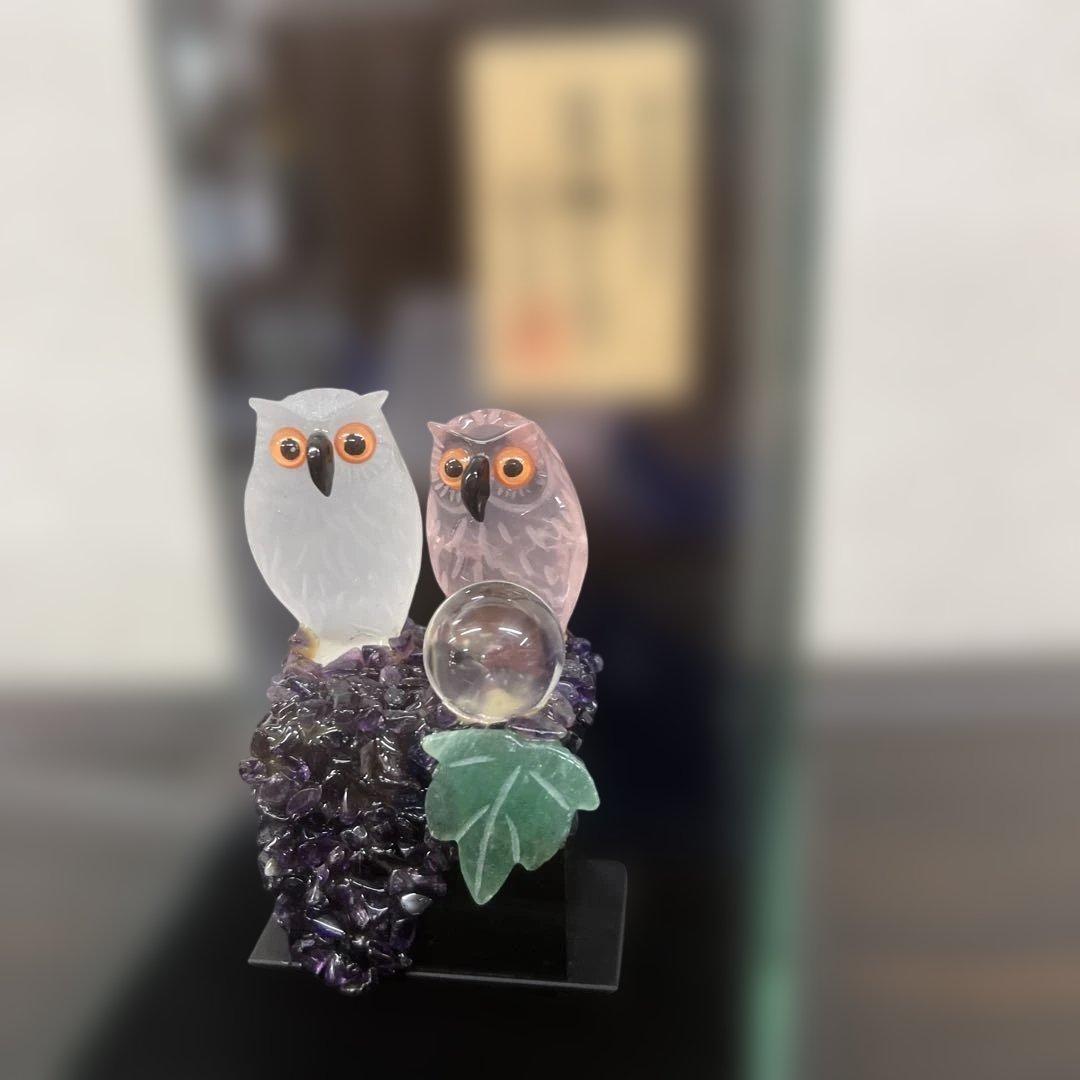 福フクロウ　水晶　紅水晶　アメジスト　河野章玉作