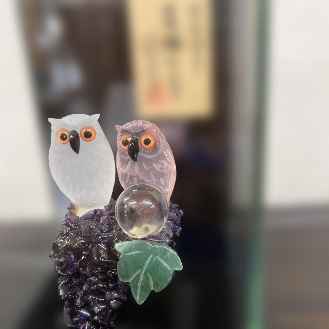 福フクロウ　水晶　紅水晶　アメジスト　河野章玉作