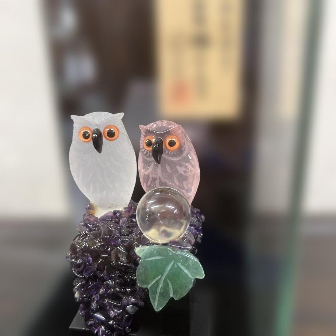 福フクロウ　水晶　紅水晶　アメジスト　河野章玉作