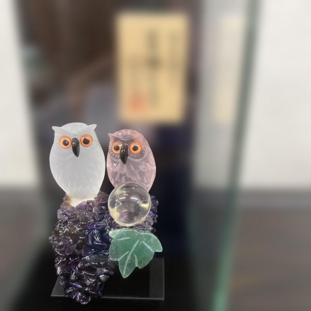 福フクロウ　水晶　紅水晶　アメジスト　河野章玉作