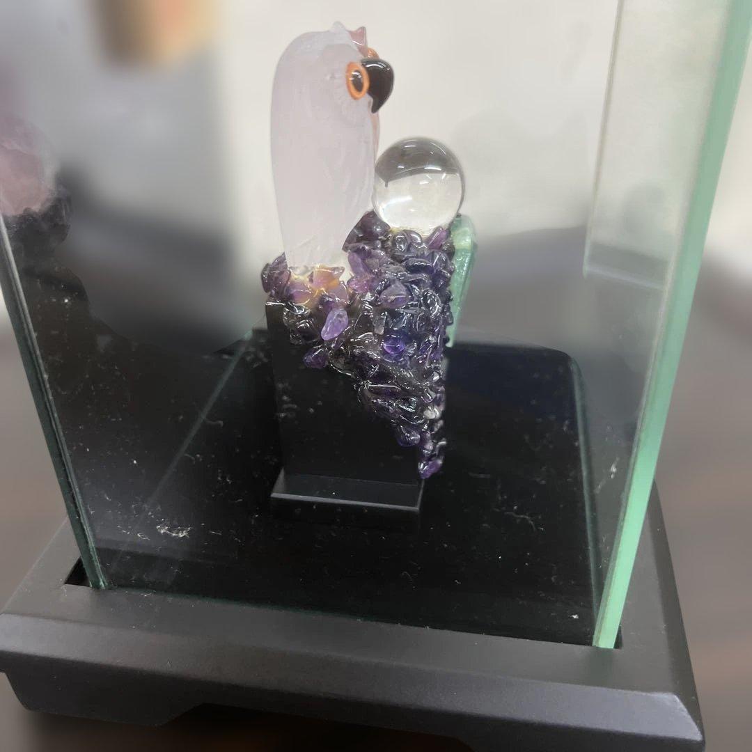 福フクロウ　水晶　紅水晶　アメジスト　河野章玉作