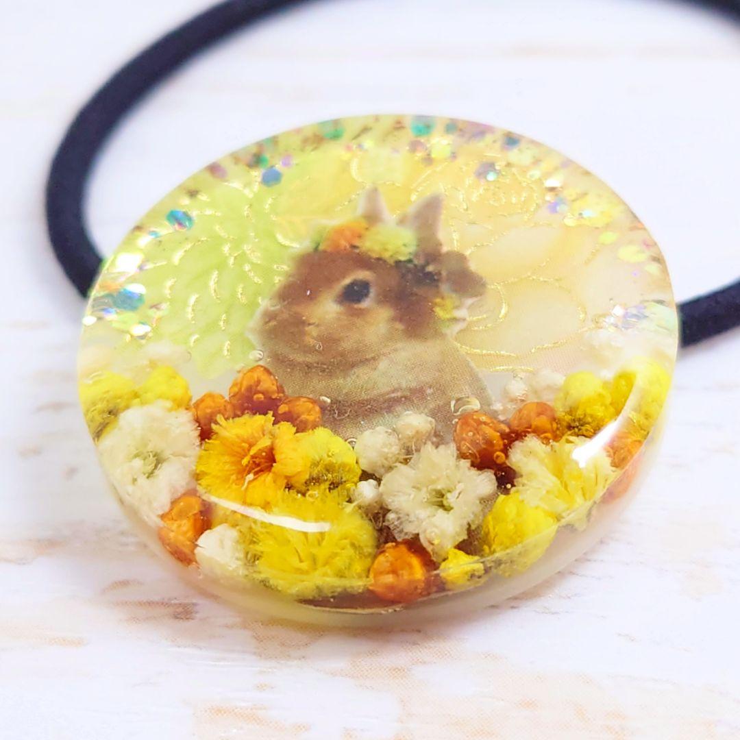 花畑うさぎのヘアゴム ハンドメイド レジン イエロー 黄色 ブローチ マグネット