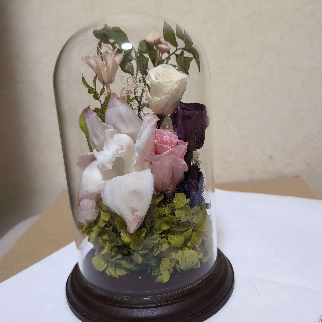 特選仏花　天然木土台　ガラスドーム　特大　造花無し　プリザーブドフラワー