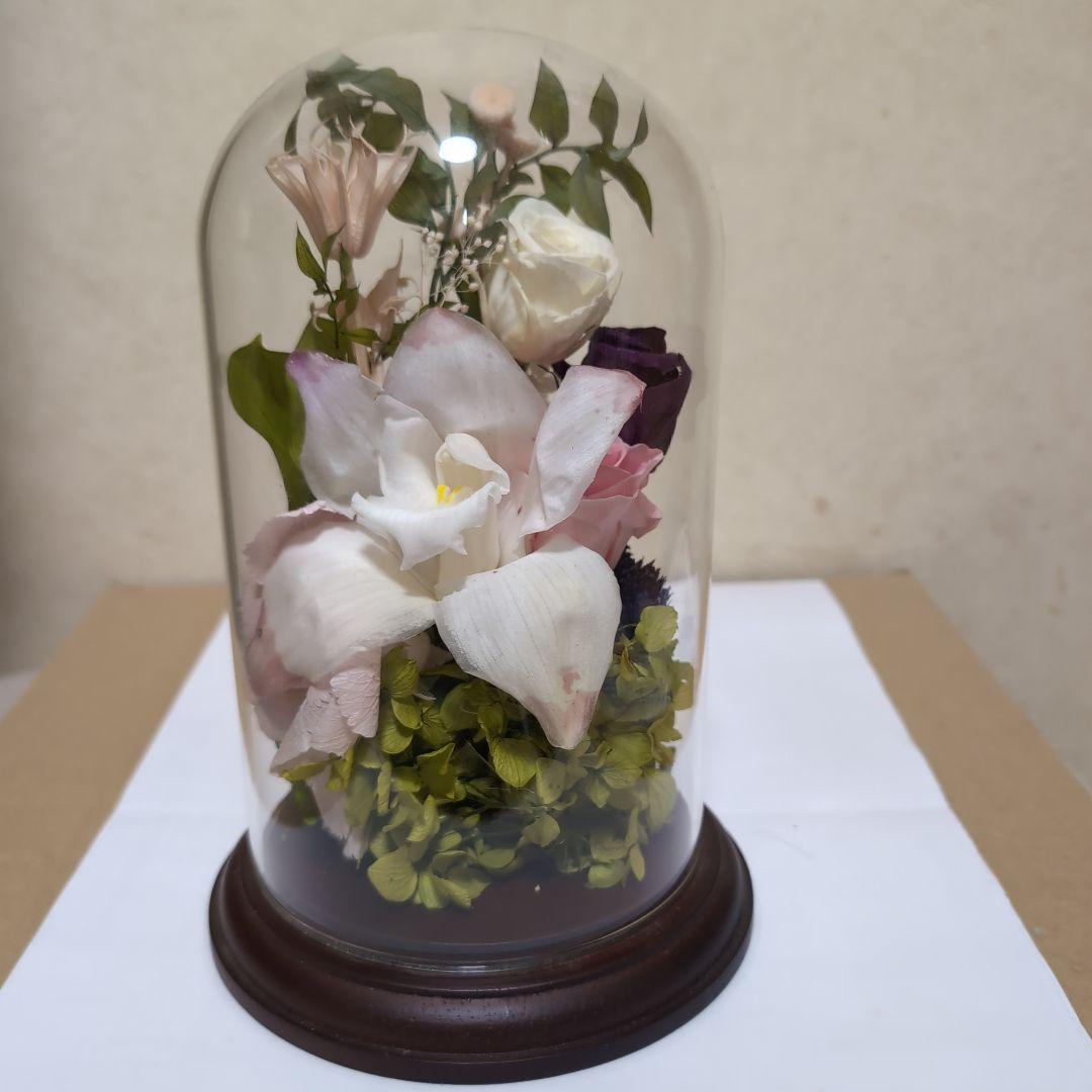 特選仏花　天然木土台　ガラスドーム　特大　造花無し　プリザーブドフラワー