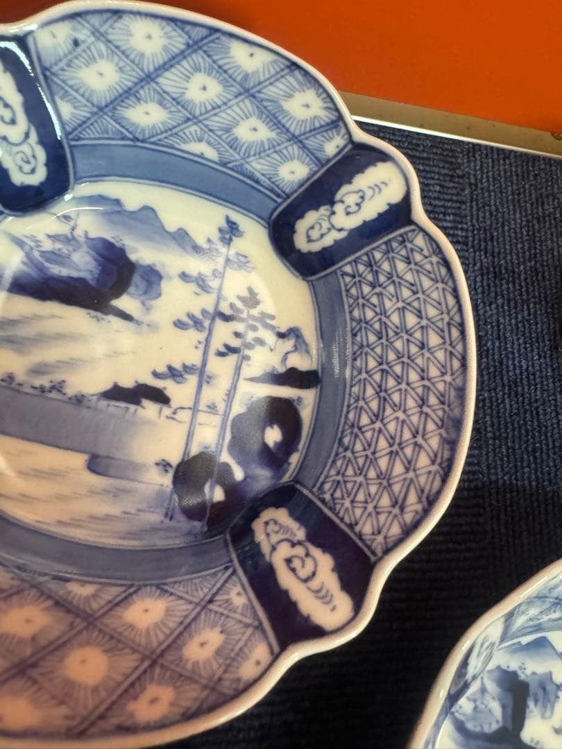 1858  古伊万里　染付山水　大明成化年製銘　皿　5客　未使用