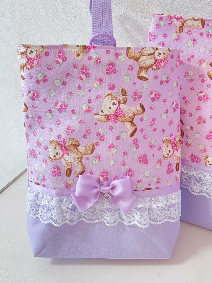 テディベア×花柄ラベンダー　入園入学3点セット　女の子　ハンドメイド