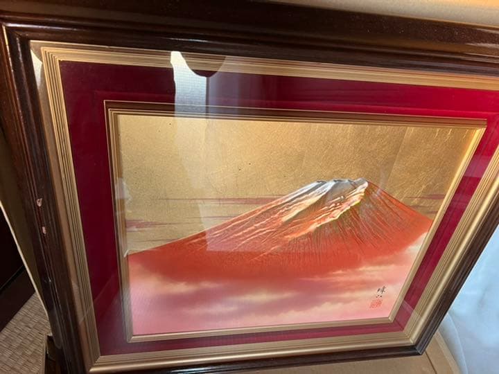 【美品】赤富士　美芸彫金パネル
