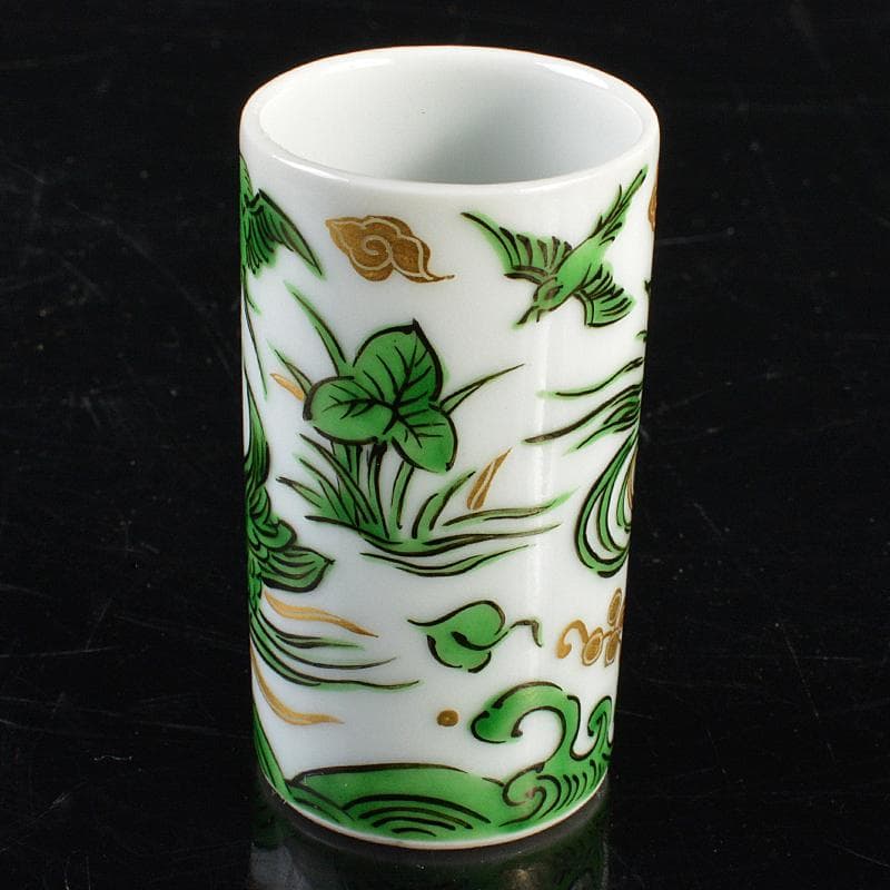 茶道具　三浦篤造　色絵緑彩　鴛鴦文　茶巾筒　共布共箱　V　R5562