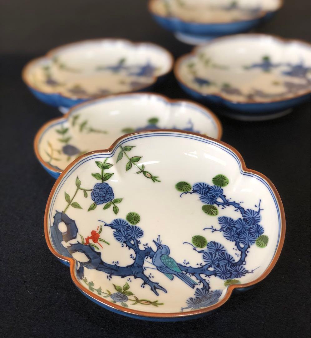 割引❗️《レ》有田焼 源右衛門作 染錦松花鳥 木瓜 銘々皿5客 251127お1