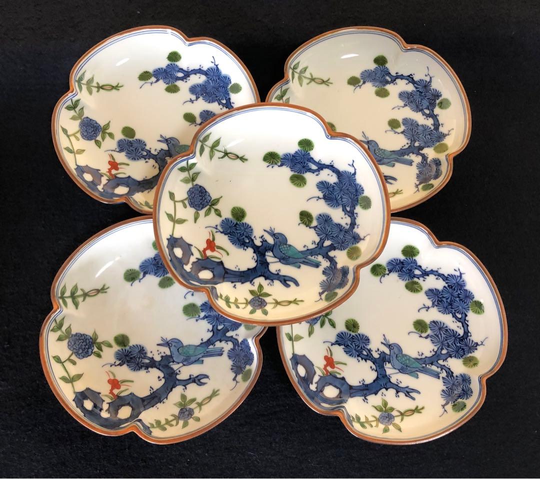 割引❗️《レ》有田焼 源右衛門作 染錦松花鳥 木瓜 銘々皿5客 251127お1