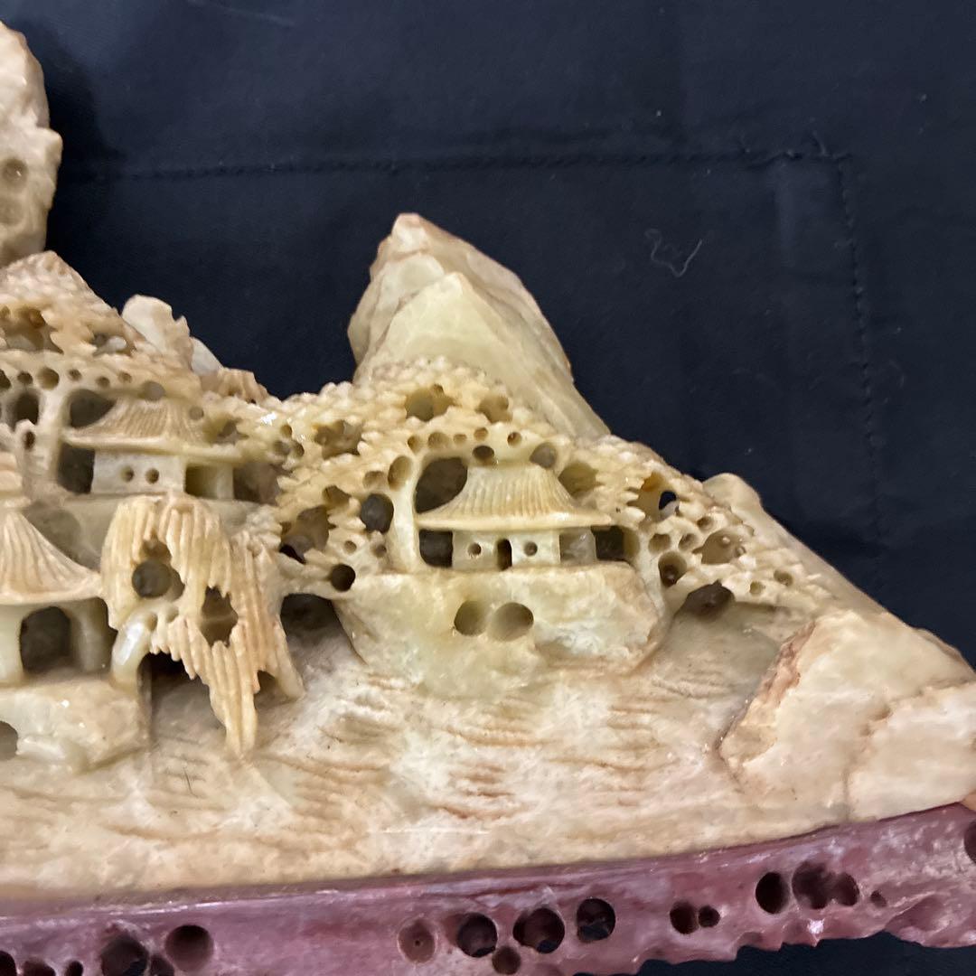 石彫 山と家の彫刻 瑪瑙　アゲート　鑑賞石　鉱物　ジャスパー