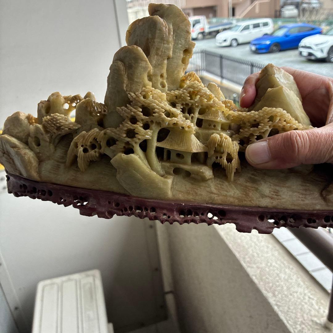 石彫 山と家の彫刻 瑪瑙　アゲート　鑑賞石　鉱物　ジャスパー