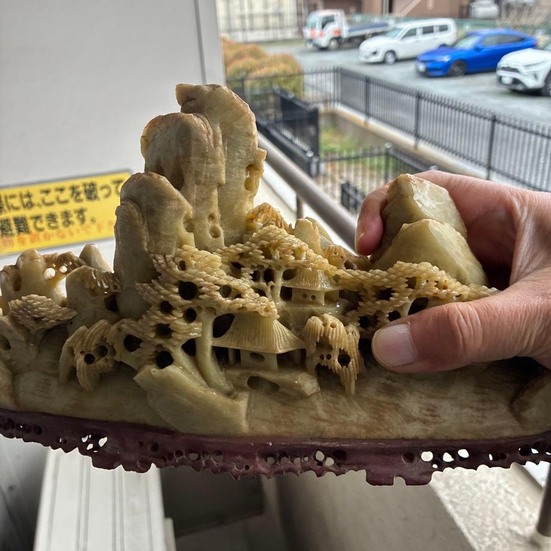 石彫 山と家の彫刻 瑪瑙　アゲート　鑑賞石　鉱物　ジャスパー