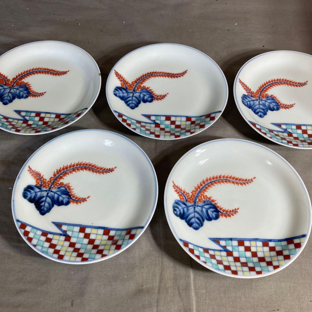 【今右衛門】色鍋島伝統　名窯　人間国宝　十三代今泉今右衛門作　錦桐絵　銘々皿五枚