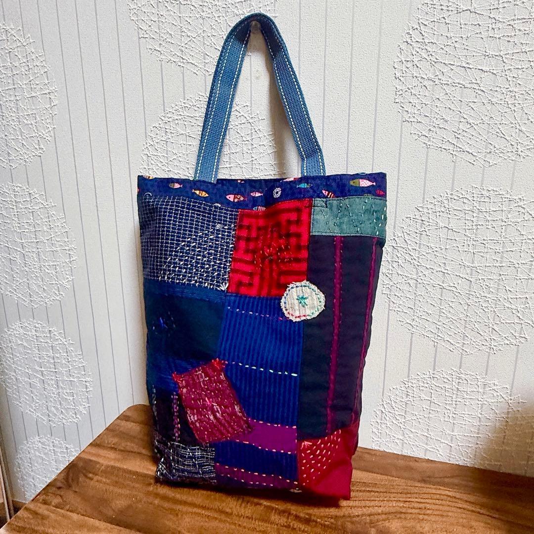 【ハンドメイド】和柄　刺し子とパッチワークのトートバック