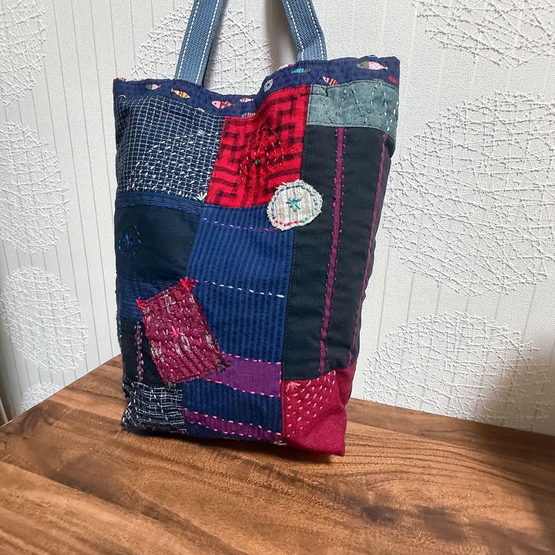 【ハンドメイド】和柄　刺し子とパッチワークのトートバック