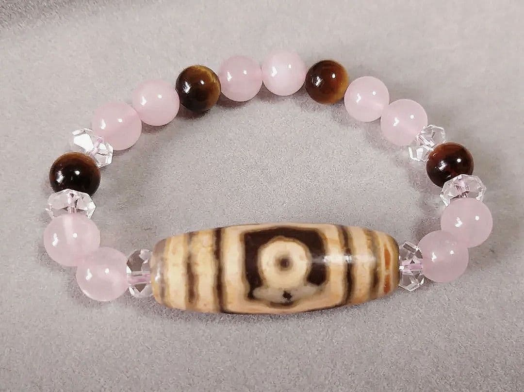 ＊三眼天珠＊愛と成功を引き寄せるローズクォーツ＆タイガーアイ ブレスレット