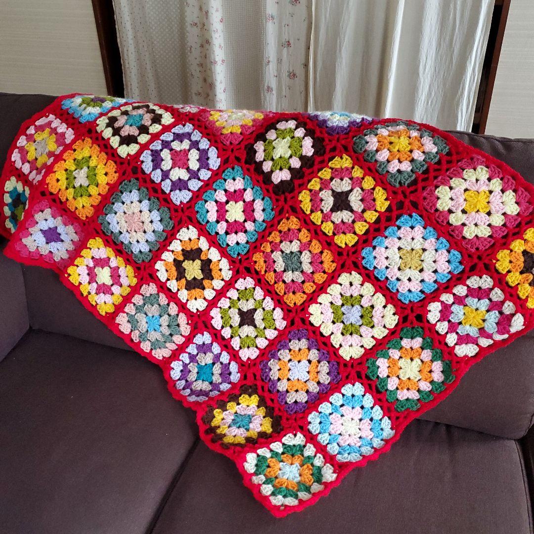モチーフ編み☆マルチカバー☆膝掛け☆ブランケット☆赤☆☆レトロポップ☆カントリー