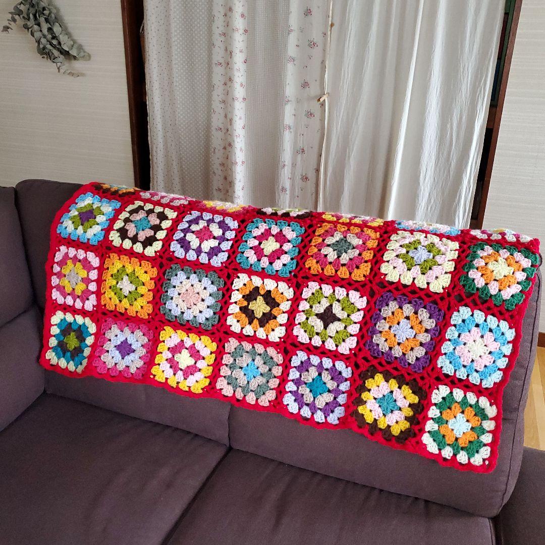 モチーフ編み☆マルチカバー☆膝掛け☆ブランケット☆赤☆☆レトロポップ☆カントリー