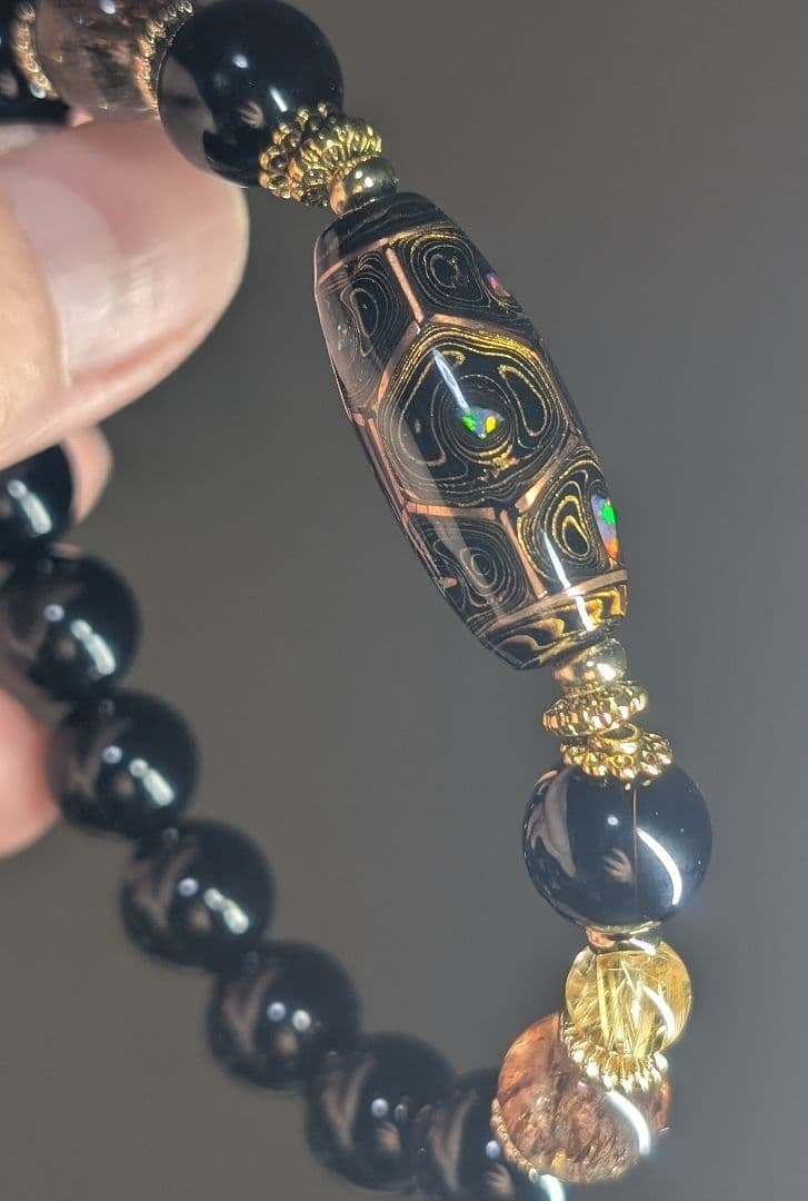 高品質艶美伝統工芸品大漆銅線亀甲天珠☓モリオン☓黒金スーパーセブンデザブレ