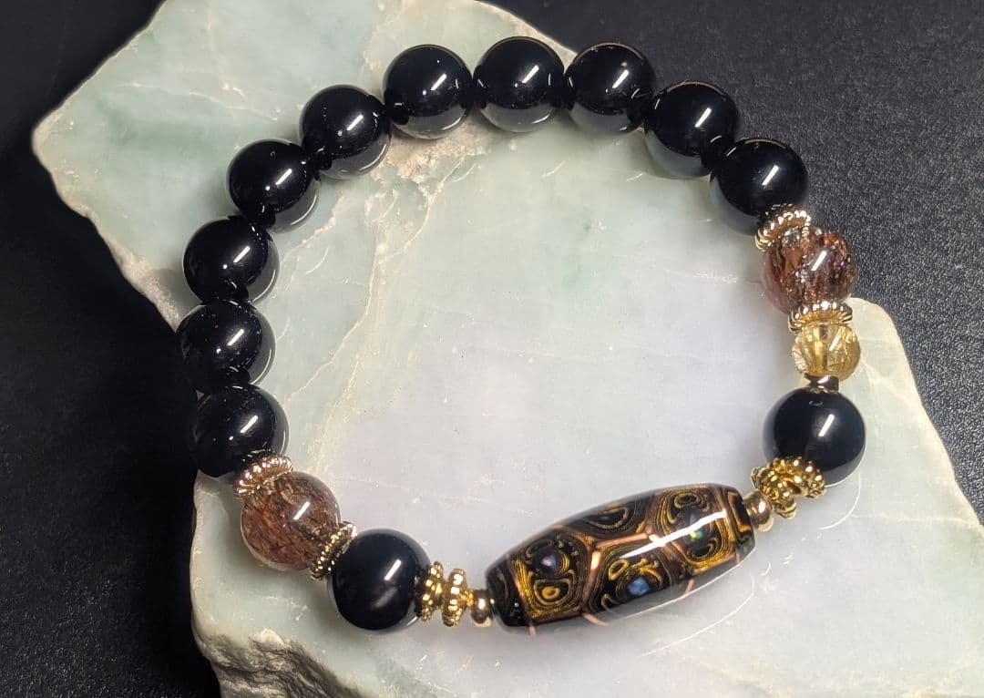 高品質艶美伝統工芸品大漆銅線亀甲天珠☓モリオン☓黒金スーパーセブンデザブレ