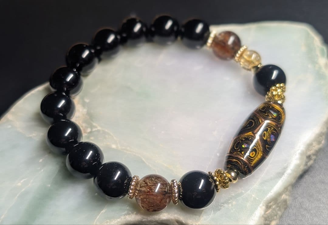 高品質艶美伝統工芸品大漆銅線亀甲天珠☓モリオン☓黒金スーパーセブンデザブレ