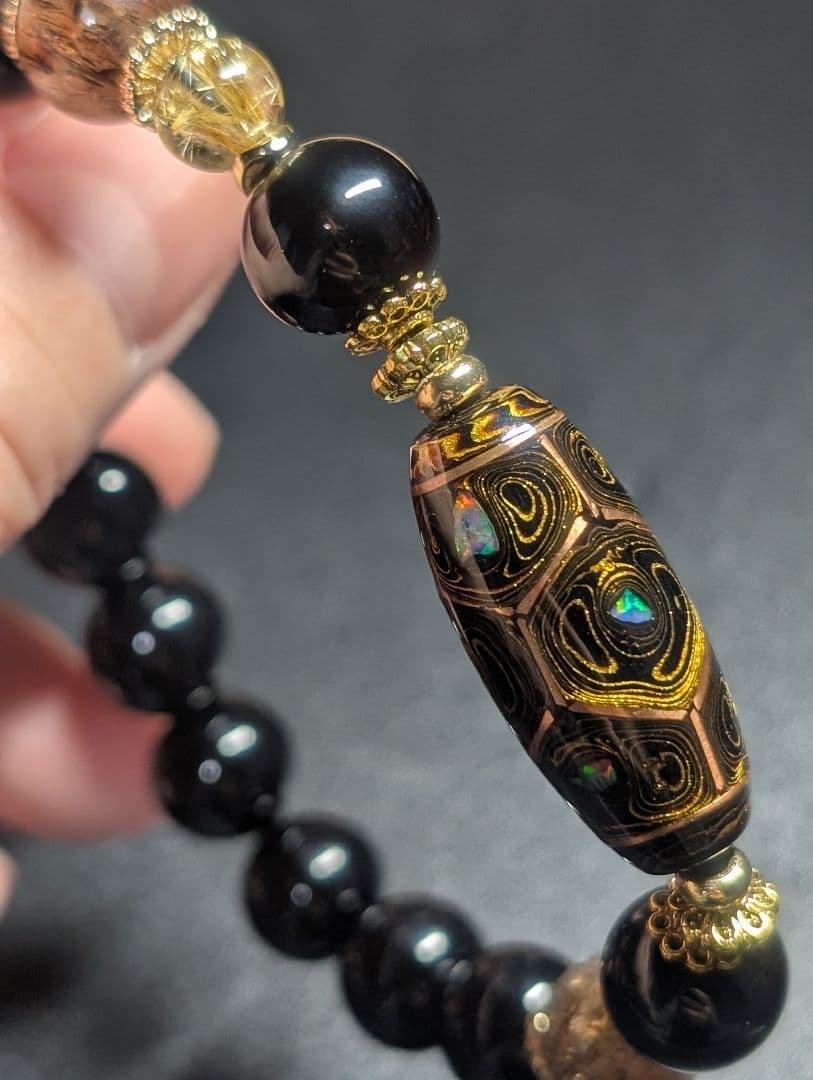 高品質艶美伝統工芸品大漆銅線亀甲天珠☓モリオン☓黒金スーパーセブンデザブレ