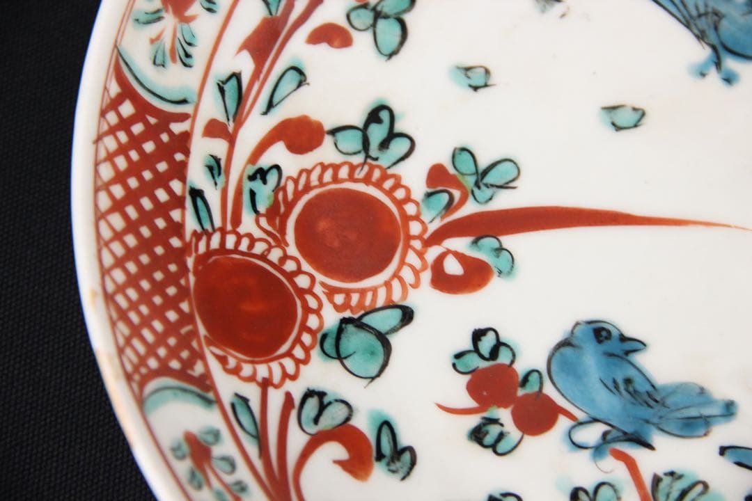 中国明　清時代 呉須赤絵花鳥 五彩 鳥花文皿 古陶磁／民窯 輸出品 EU1-4