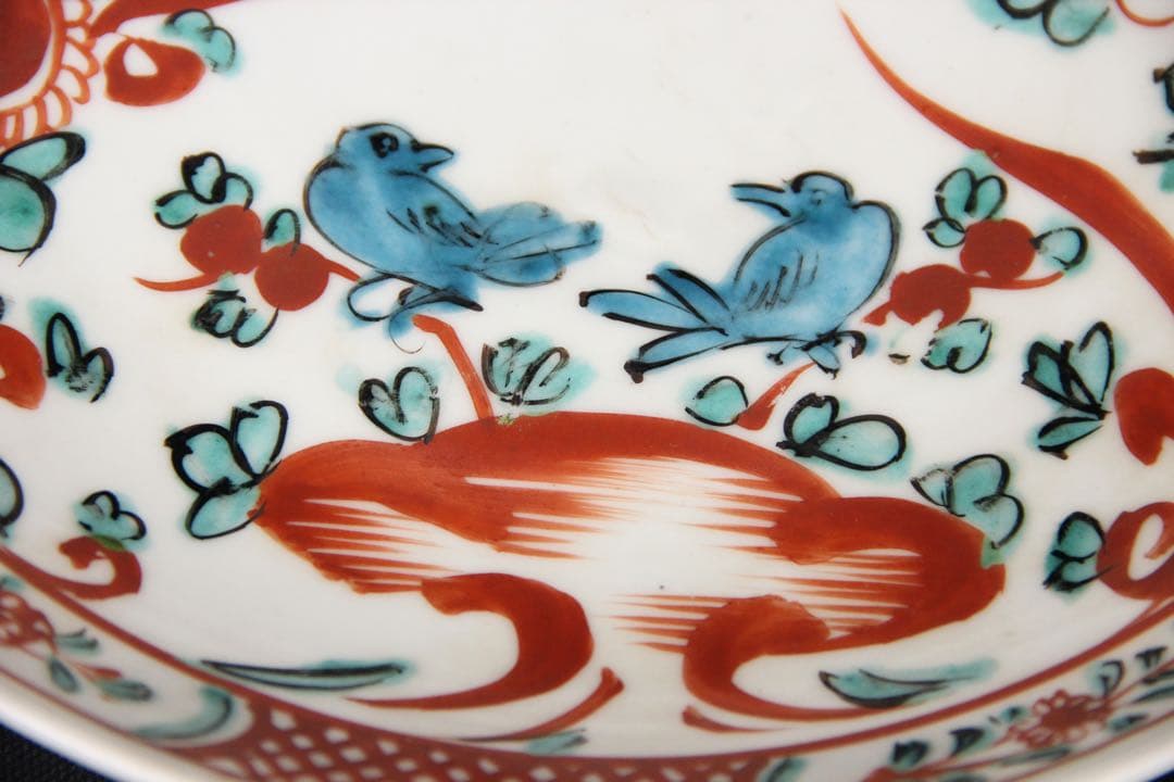中国明　清時代 呉須赤絵花鳥 五彩 鳥花文皿 古陶磁／民窯 輸出品 EU1-4
