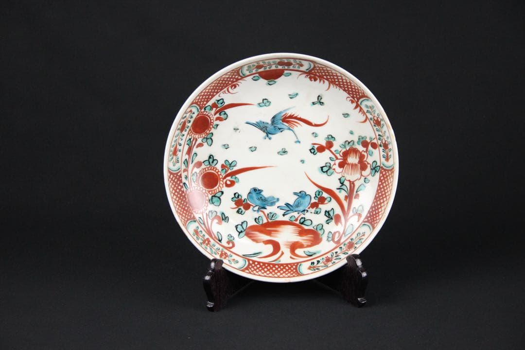 中国明　清時代 呉須赤絵花鳥 五彩 鳥花文皿 古陶磁／民窯 輸出品 EU1-4