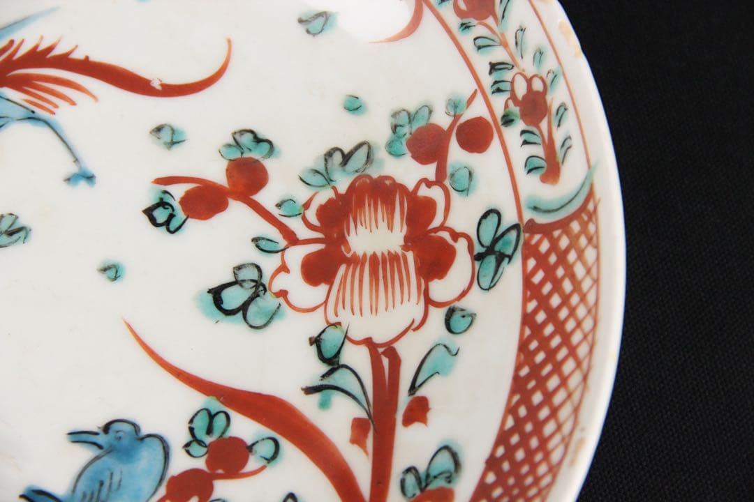 中国明　清時代 呉須赤絵花鳥 五彩 鳥花文皿 古陶磁／民窯 輸出品 EU1-4
