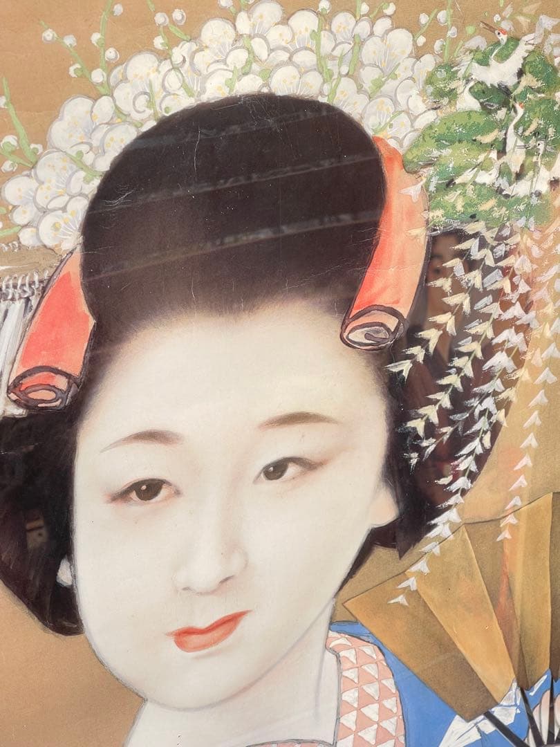 白鶴 清酒 ポスター 額入り 鈴木富喬 美人画 レトロ 昭和 インテリア 大型