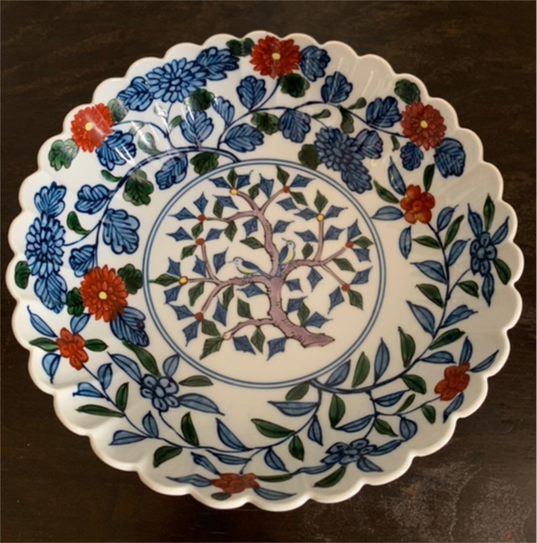 是米木窯 萬暦風花鳥図 源右衛門 手造り 菊 菓子鉢
