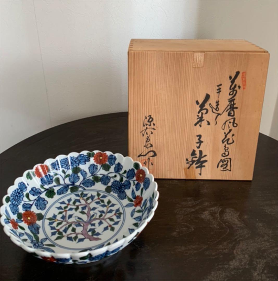 是米木窯 萬暦風花鳥図 源右衛門 手造り 菊 菓子鉢